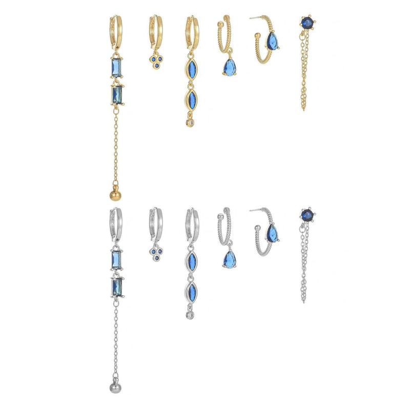 Stacking 6 Pieces Long Tassel Vintage Earring Set with Micro-Pavé Dazzling Blue Zircons, 18k Gold Plated Ear Studs & Ear Drops, S925 Needle, Stacked Lobe Designs with Dazzling Zirconia