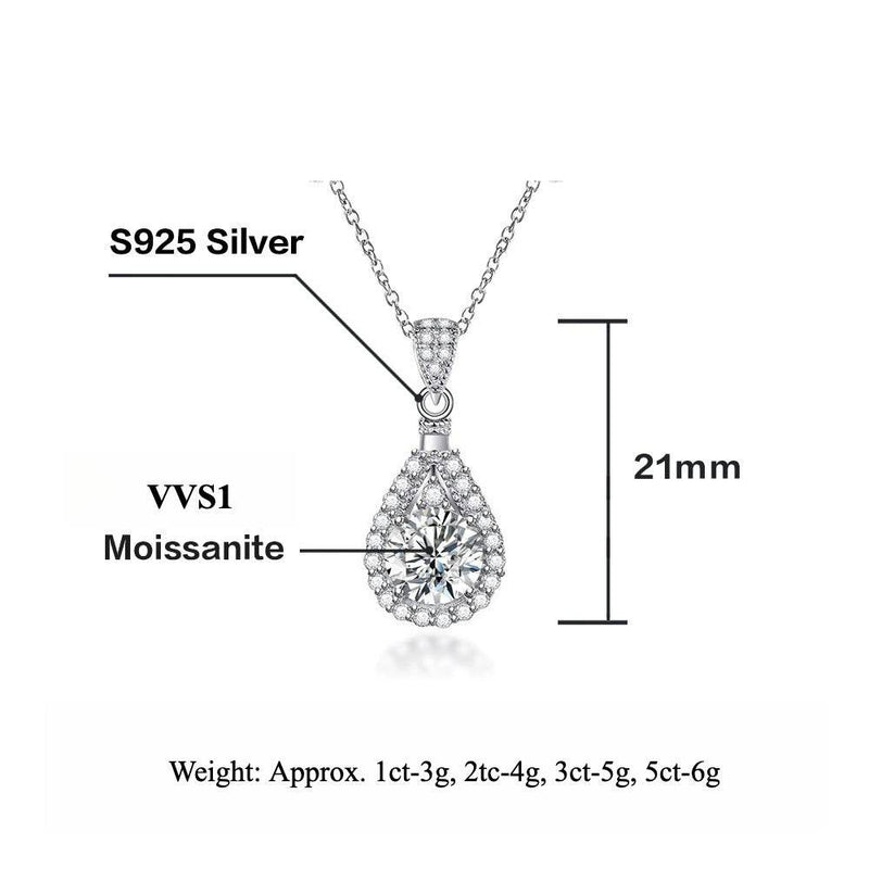 S925 Moissanite Teardrop Halo Pendant Necklace with Pavé Top Frame, 1-5ct VVS1 D-Grade Certified, Sterling Silver Pear Shape Pendant for Her
