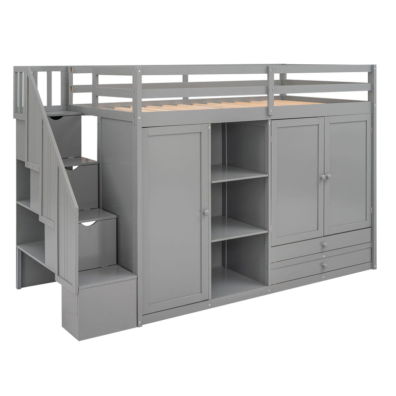 Loft Bed With 3 Shelves, 2 Wardrobes, 2 Drawers, Ladder Storage