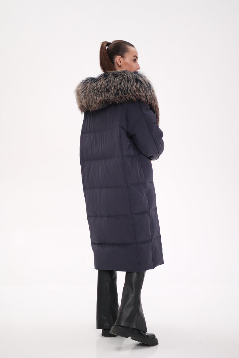 Rei Genuine Fur Trim Hooded Down Coat in Navy
