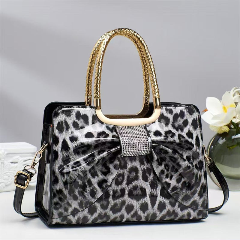 Hot-stone Embellished Fashionable Versatile Chic Leopard-print Womens Bag
