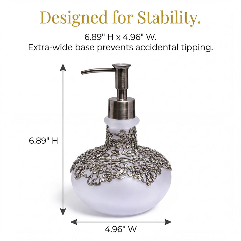 Soap Dispenser – Elegant Frosted Glass Bathroom Accessory with Pewter Finish & Rhinestones