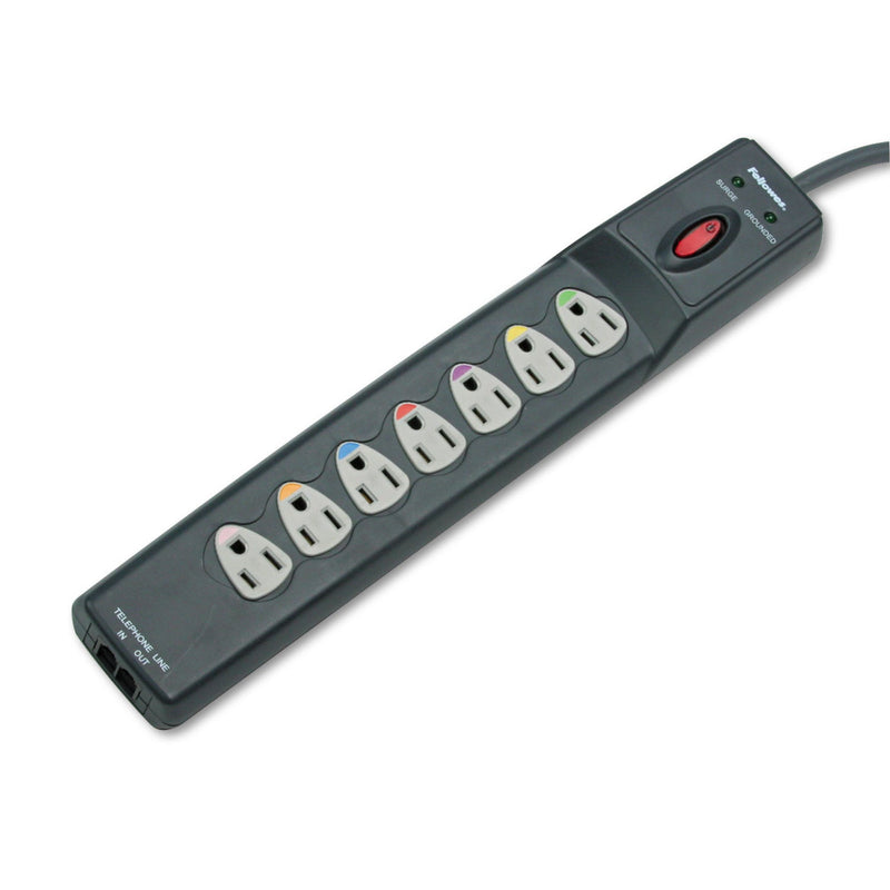 Fellowes Power Guard Surge Protector, 7 AC Outlets, 12 ft Cord, 1,600 J, Graphite Gray