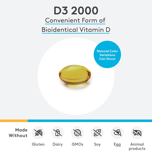 D3 2000 - Bioavailable Vitamin D3 2000 IU (50 Mcg) - High Potency Vitamin D Supplement to Support Immune Health, Bone + Heart Health (240 Softgels)