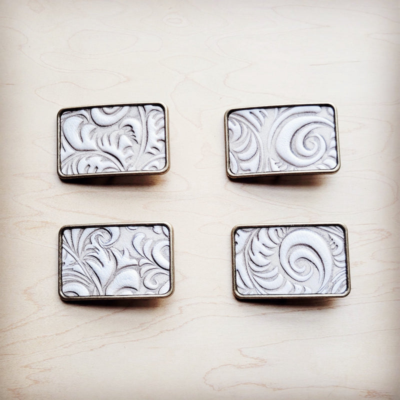 **Rectangle Sandy White Floral Leather Belt Buckle 906ff