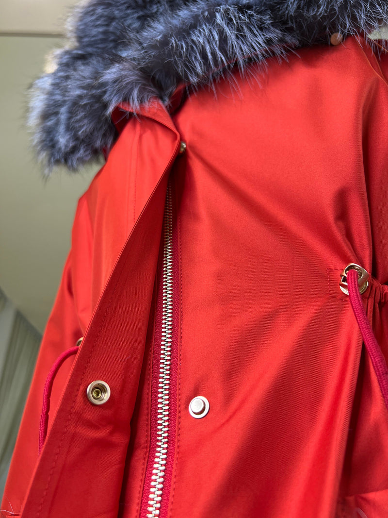 Roma Genuine Silver Fox Fur Rabbit Fur Insulated Parka in Red