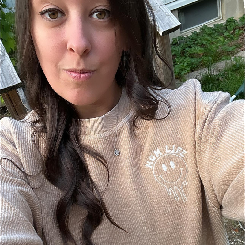 Embroidered CORDED Sweatshirt - Latte - Mom Life - Melting smiley