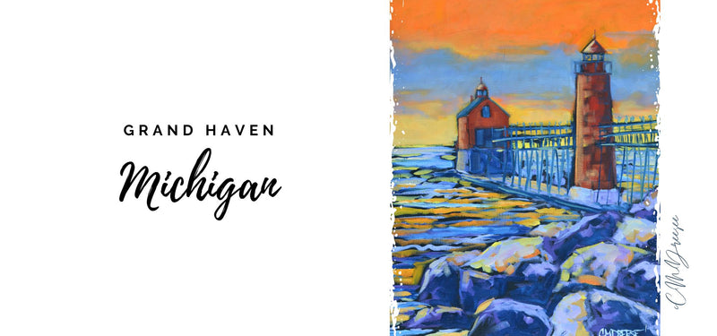 Drinkware -Grand Haven Lighthouse: Burning Sky, Quiet Shore