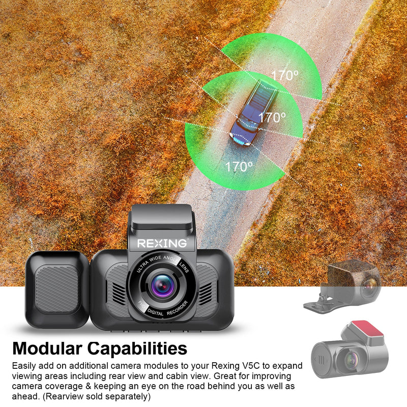 REXING V5C Plus Dash Cam Front 4K & 1080p Cabin Camera w/ Modular Capabilities, WiFi, and GPS