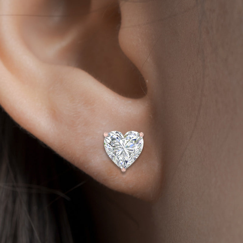 3 Prong Heart Shaped Diamond Solitaire Stud Earring in Basket Setting