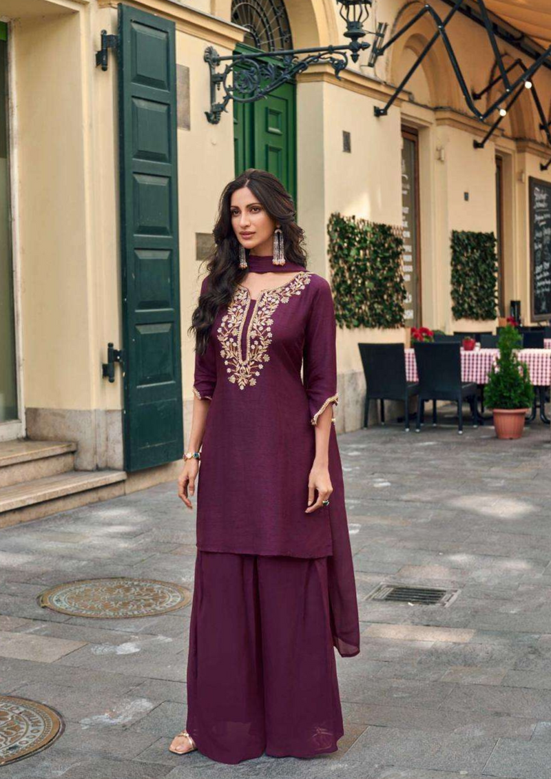Wine Color Hand Embroidered Kurta and Palazzo Set with Dupatta
