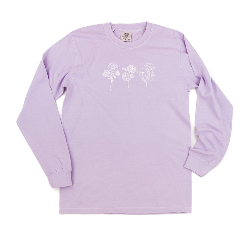 Embroidered LONG SLEEVE Comfort Colors Tee - 3 Birth Flower w/ White Thread (center)