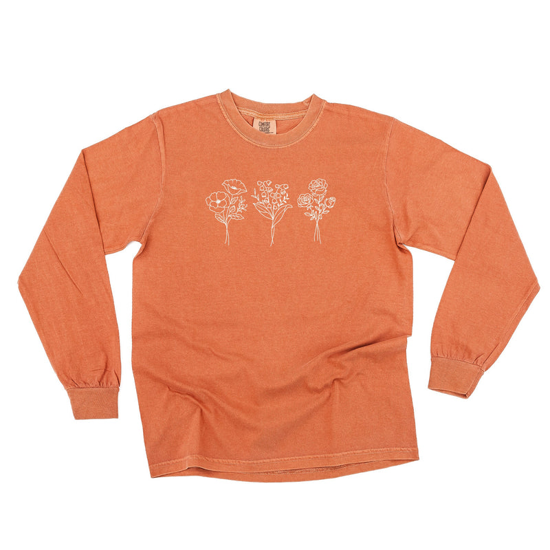 Embroidered LONG SLEEVE Comfort Colors Tee - 3 Birth Flower w/ White Thread (center)