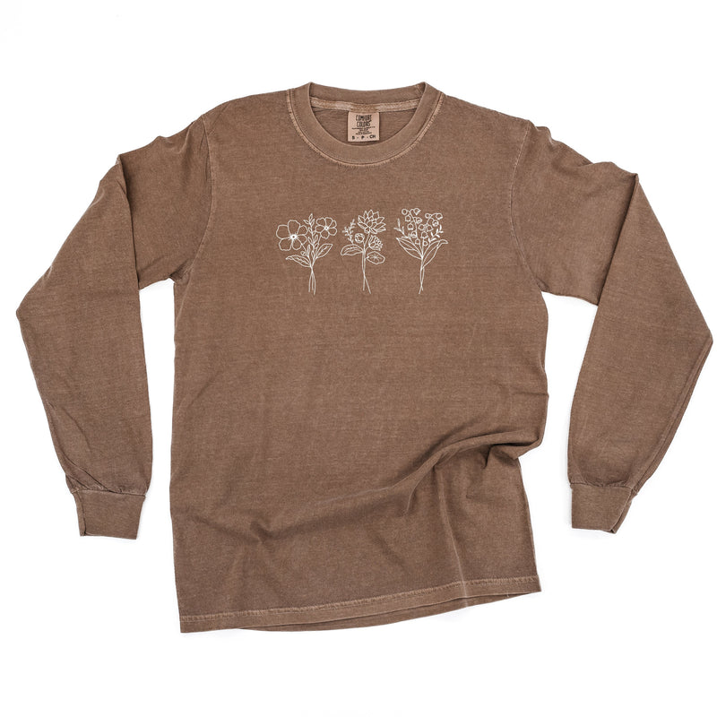 Embroidered LONG SLEEVE Comfort Colors Tee - 3 Birth Flower w/ White Thread (center)