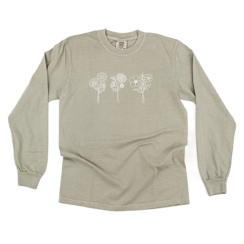 Embroidered LONG SLEEVE Comfort Colors Tee - 3 Birth Flower w/ White Thread (center)
