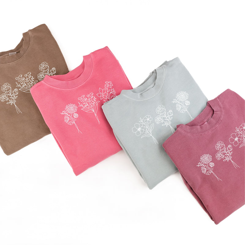 Embroidered PIGMENT Crewneck - 3 Birth Flower w/ White Thread (center)