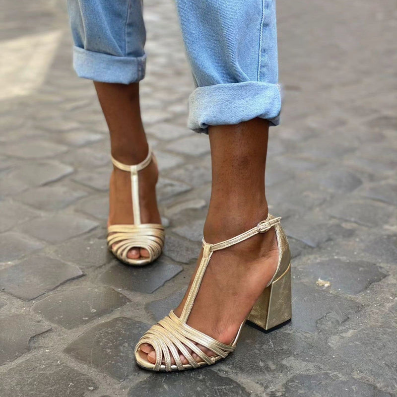 High Heel Fish-Mouth T-Shaped Buckle Strap Open Toe Sandals