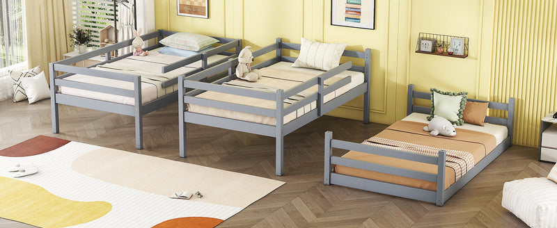 Triple Rubber Wood Bunk Bed with Two Built-in Ladders, Guardrails, Twin over Twin over Twin, Detachable Triple Twin Bunk Bed,Grey