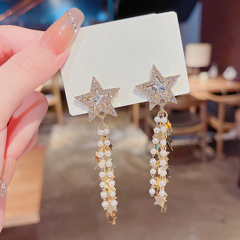 Crystal Rhinestone Star Tassel Earrings