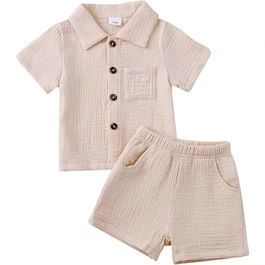 Baby Boy Cotton-Linen Solid Color Textured Fabric Lapel Collar Short-Sleeve Top Elastic Waist Shorts Set