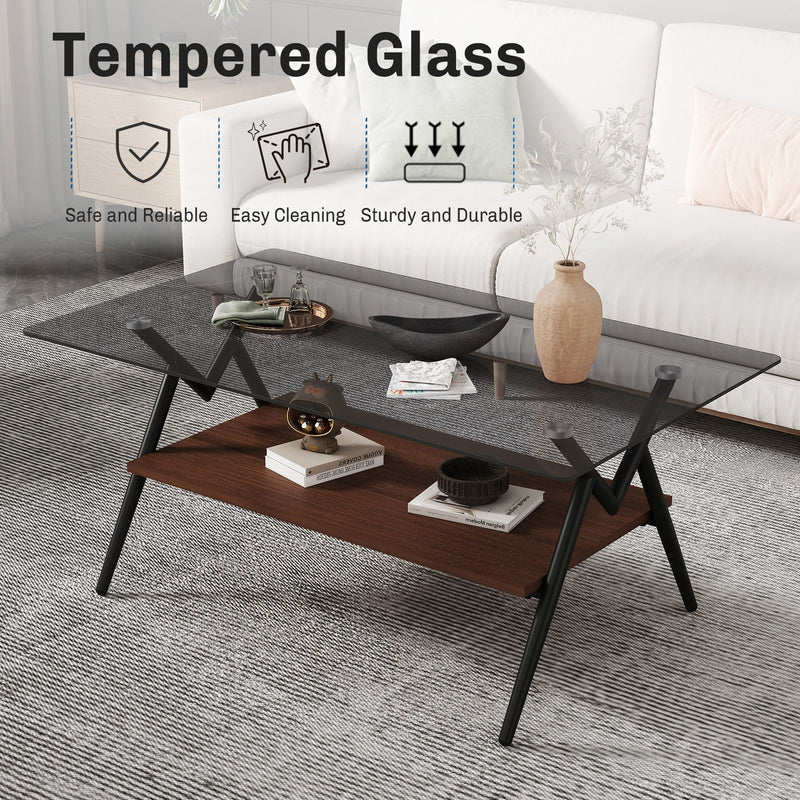 Rectangle Coffee Table With Tempered Glass Top And Shelf, Modern Table For Living Room