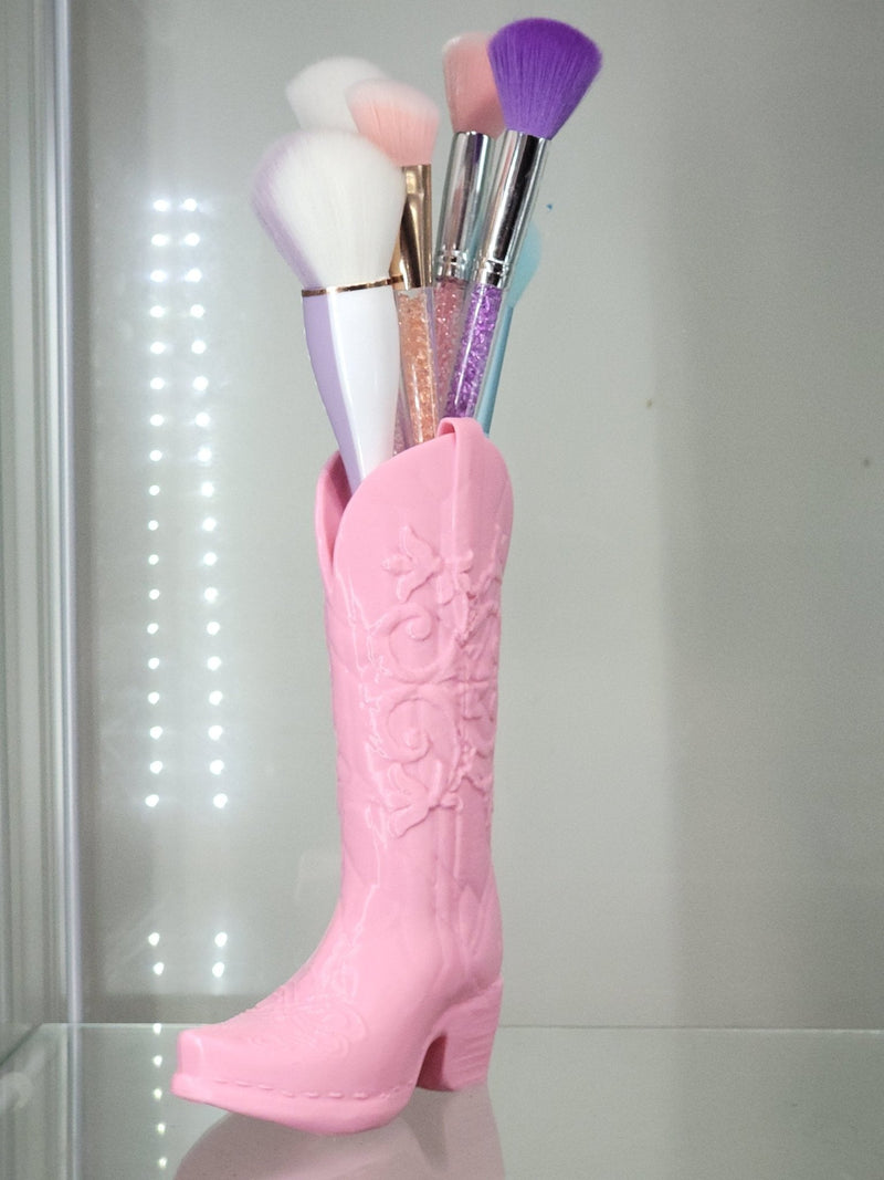 3D Printed Pink Cowboy Boot Brush Holder - Western Decor