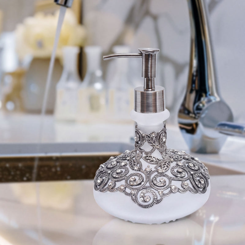 Soap Dispenser - Elegant Frosted Glass Bathroom Lotion Pump Bottle with Rhinestones