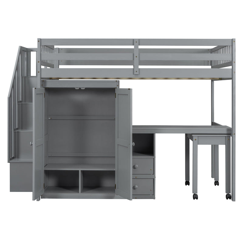 Loft Bed With Stairs, Bookshelf, Drawers, Desk & Wardrobe, Space Saving Multifunctional Furniture