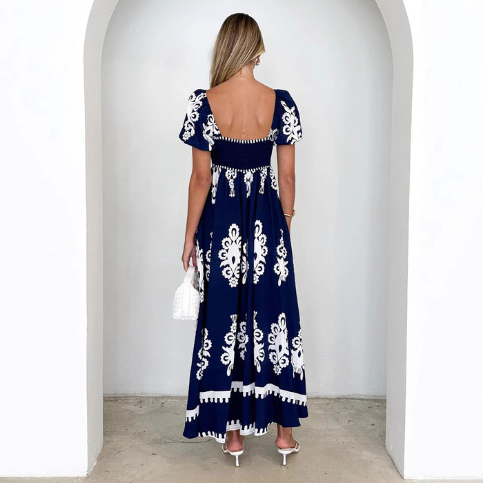 Vacation Style Printed Beach Dress Smocking Dress Women