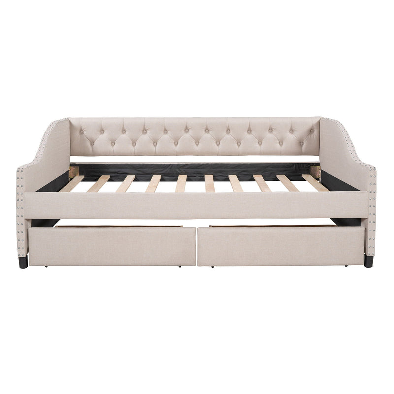 Upholstered Daybed With Two Drawers, Wood Slat Support