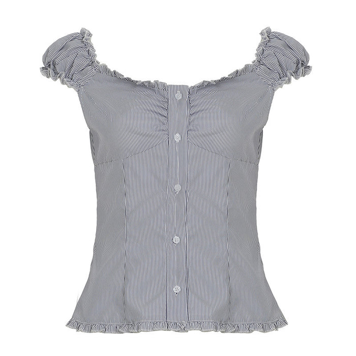 Sweet Slim Fit U-shaped French Wooden Ear Lace-collared Blouse