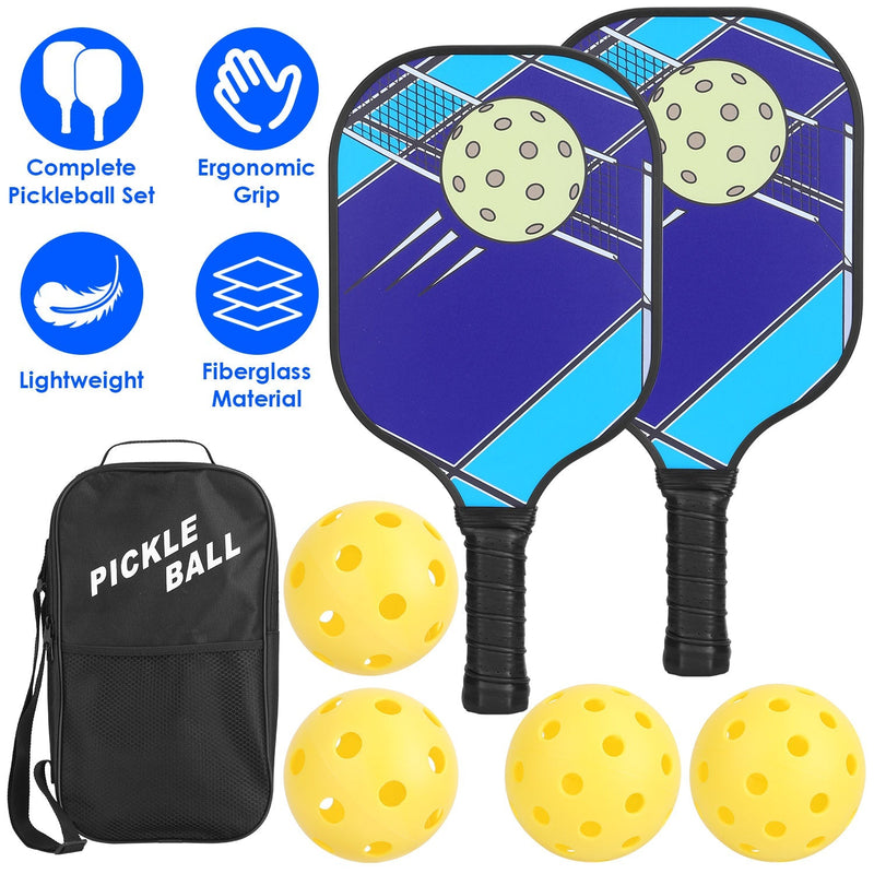 Pickleball Set 2 Fiberglass Paddles 4 Outdoor Indoor Balls Portable Carry Bag 2 Cooling Towel Lightweight Ergonomic Grip for Beginners Pros