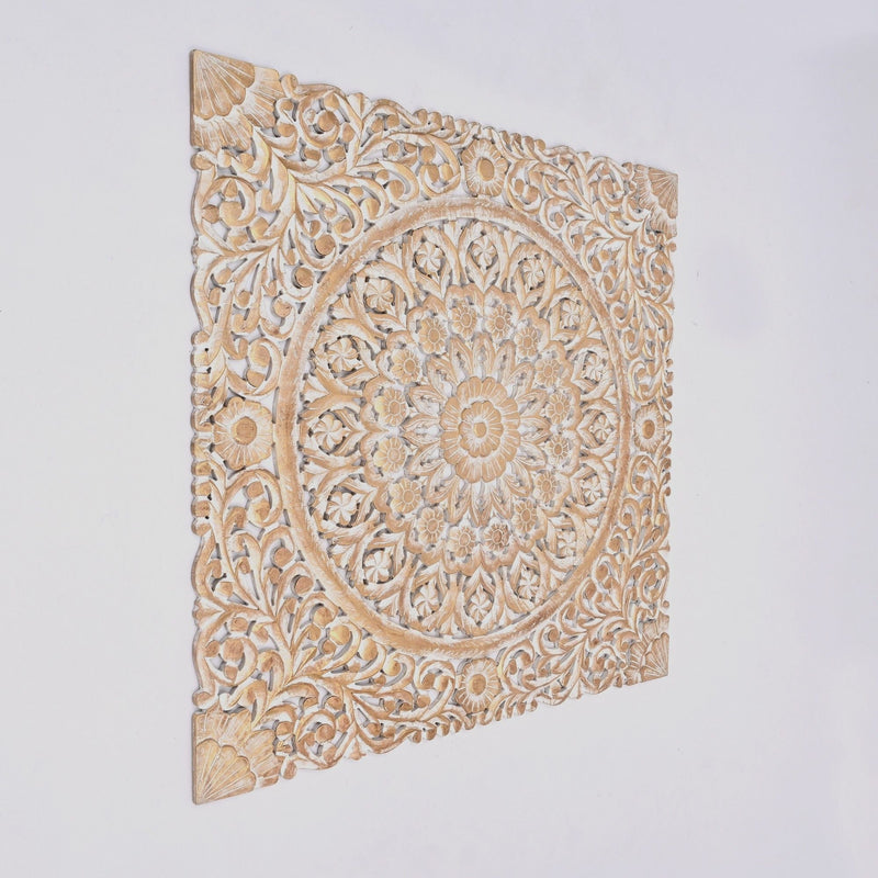 Floral Hand Carved Mandala Square Wall Decor With Spiritual Symbolism - Gold / White