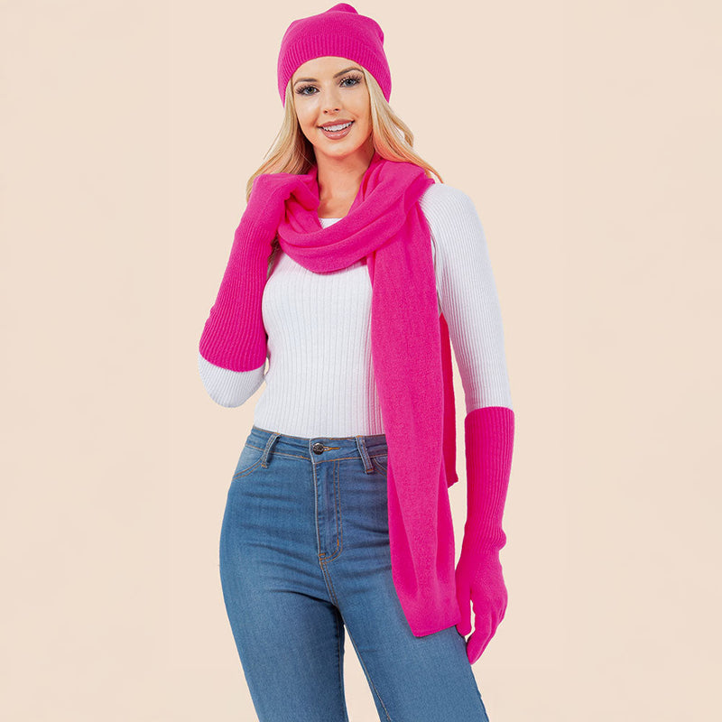 3PCS - Solid Winter Beanie Hat Scarf Gloves Set