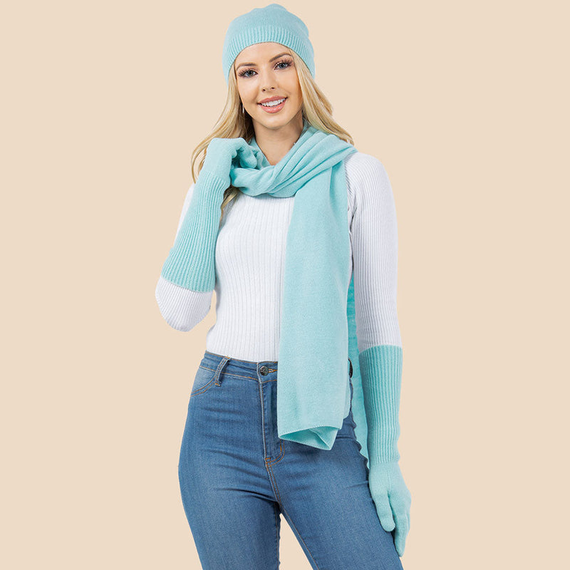 3PCS - Solid Winter Beanie Hat Scarf Gloves Set
