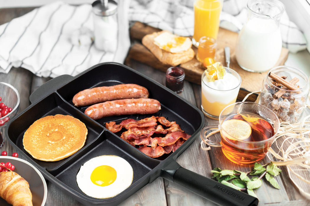 3 PACK BUNDLE - 11" HEAVY DUTY GRILL PAN + 11" 2-SECTION PAN + 3-SECTION PAN, WITH DETACHEABLE BAKELITE HANDLE, CAST ALUMINUM WITH SUPERIOR NON-STICK