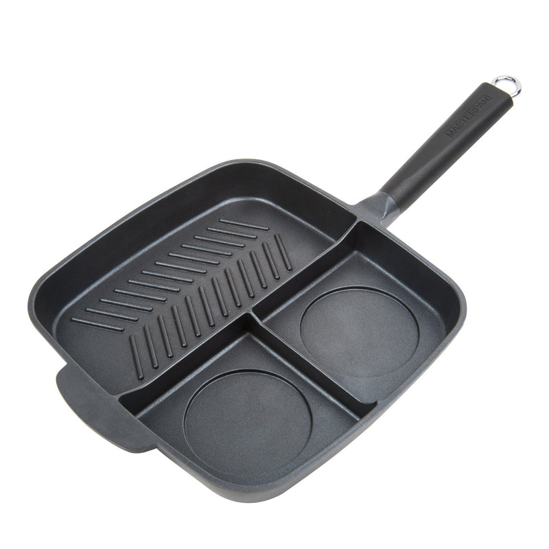 3 PACK BUNDLE - 11" HEAVY DUTY GRILL PAN + 11" 2-SECTION PAN + 3-SECTION PAN, WITH DETACHEABLE BAKELITE HANDLE, CAST ALUMINUM WITH SUPERIOR NON-STICK