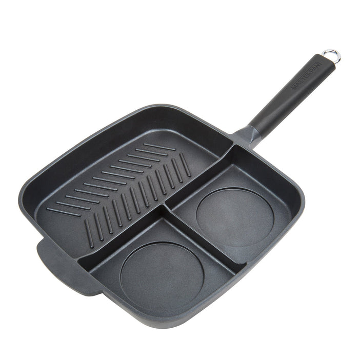 3 PACK BUNDLE - 11" HEAVY DUTY GRILL PAN + 11" 2-SECTION PAN + 3-SECTION PAN, WITH DETACHEABLE BAKELITE HANDLE, CAST ALUMINUM WITH SUPERIOR NON-STICK