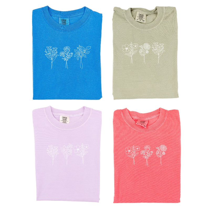 Embroidered Comfort Colors Tee - 3 Birth Flower w/ White Thread (center)