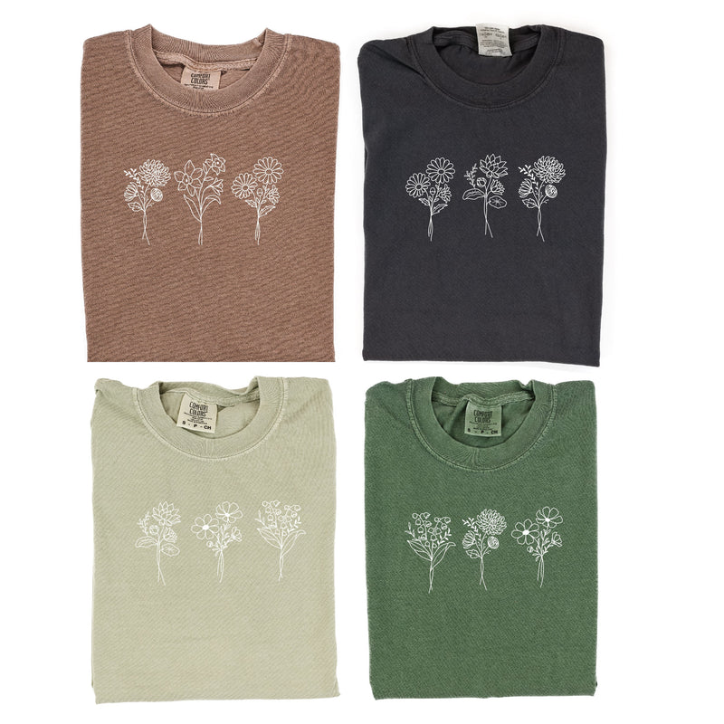Embroidered Comfort Colors Tee - 3 Birth Flower w/ White Thread (center)