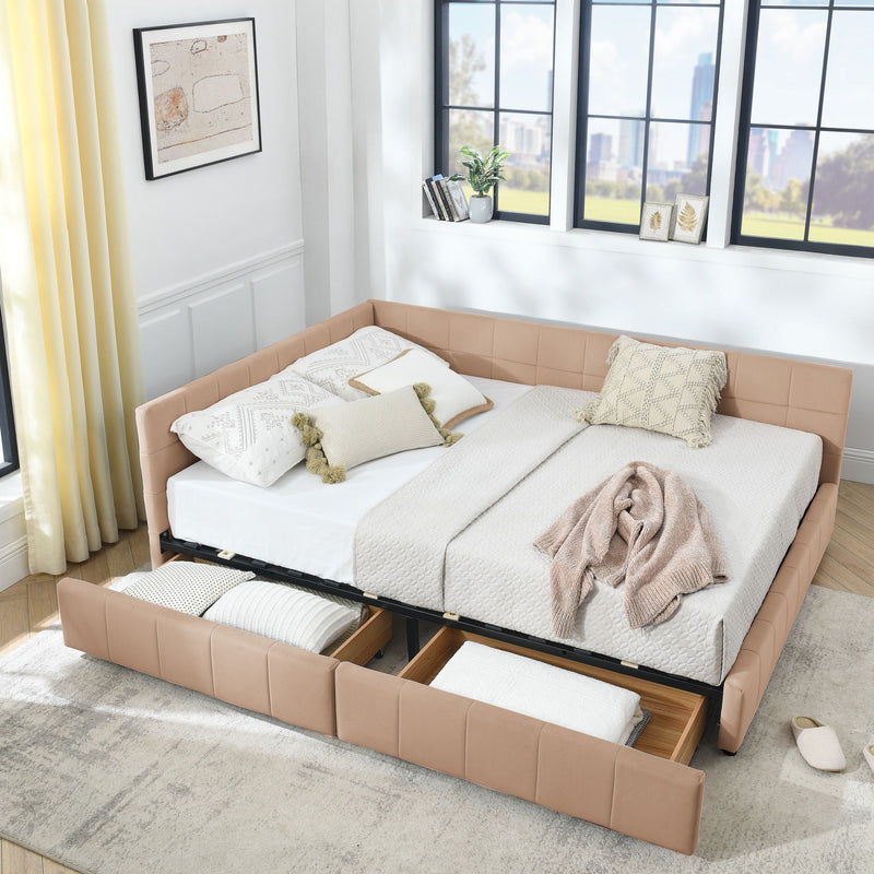 Mid-Century Storage Upholstered Tufted Bed Frame With Backrest And Armrests