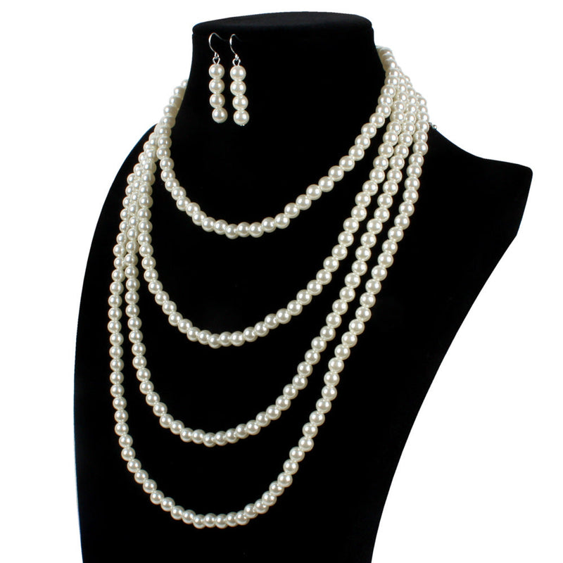 Pearl Necklace Earring Set Multilayer Strand Chain Faux Pearls Jewelry Set