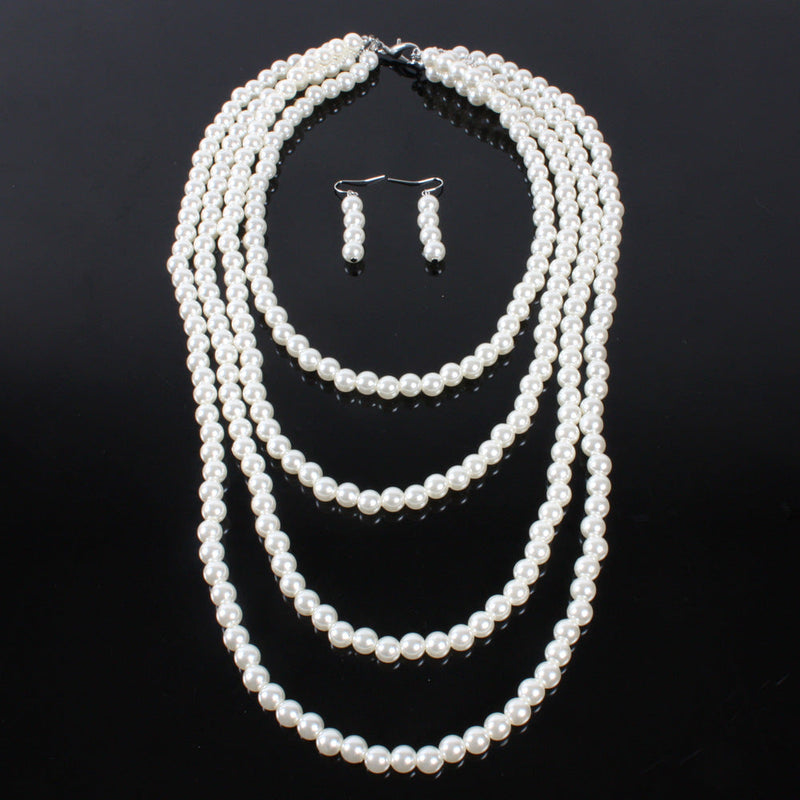 Pearl Necklace Earring Set Multilayer Strand Chain Faux Pearls Jewelry Set