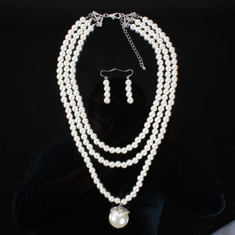 Three Layer Pearl Necklace Earring Jewelry Set