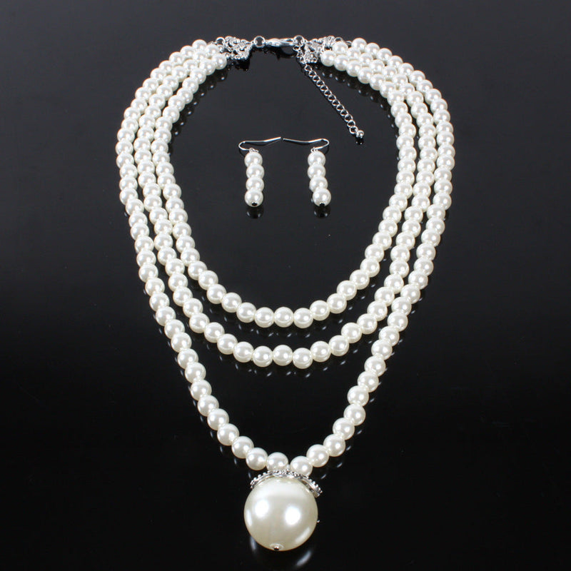 Three Layer Pearl Necklace Earring Jewelry Set