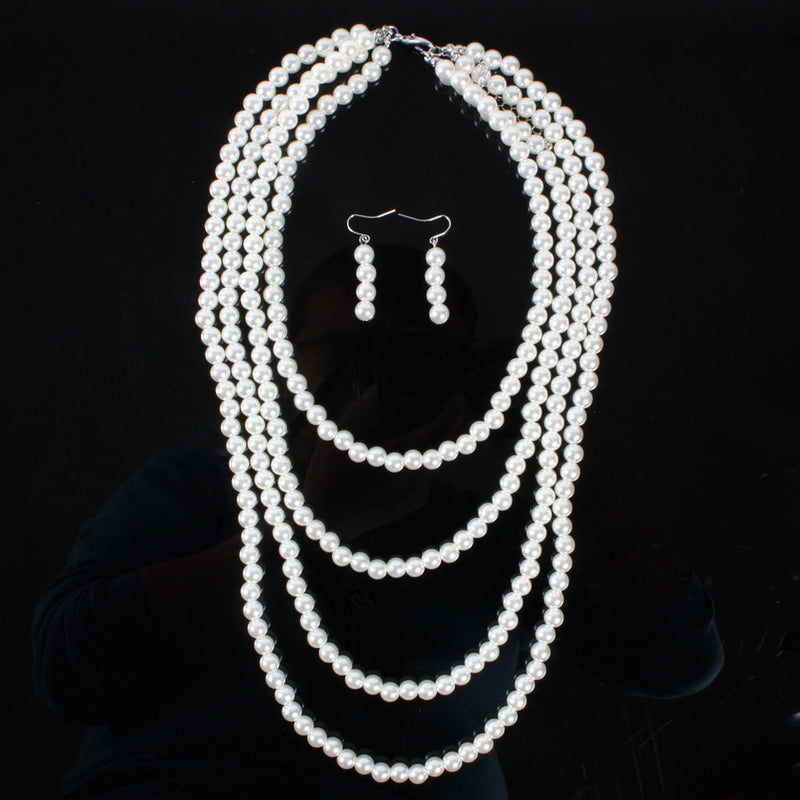 Pearl Necklace Earring Set Multilayer Strand Chain Faux Pearls Jewelry Set