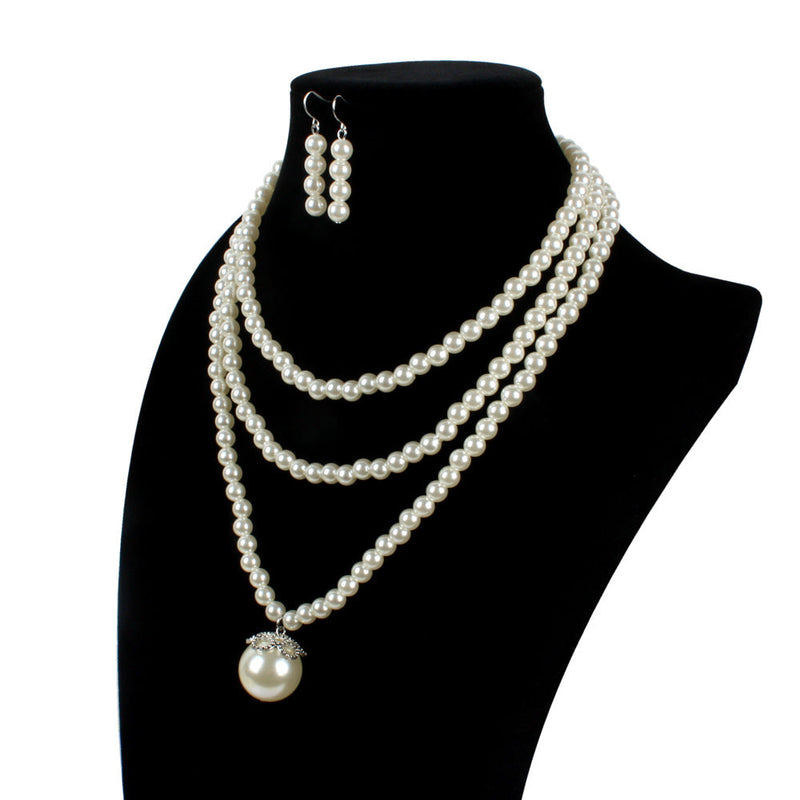 Three Layer Pearl Necklace Earring Jewelry Set