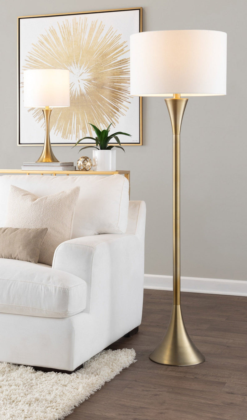 Lenuxe 65" Contemporary Metal Floor Lamp in Gold Metal with White Linen Shade