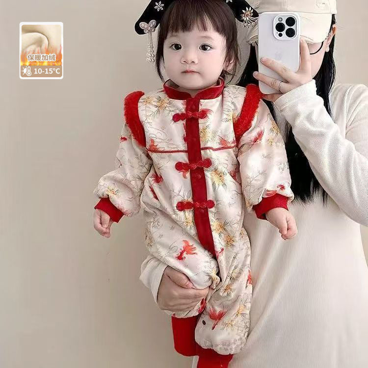 Red Festive Warm Childrens Cotton Padded Jumpsuit