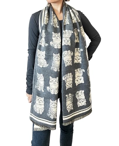 stylesilove Women Cute Kitten Print Cashmere Scarf Warm Ultra Soft Fringe Scarves Shawl Neck Wraps for Autumn and Winter